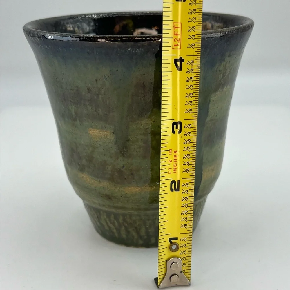 Handmade Studio Pottery Planter Vase  Cup Green Drip Glaze Tumbler Artist Signed
